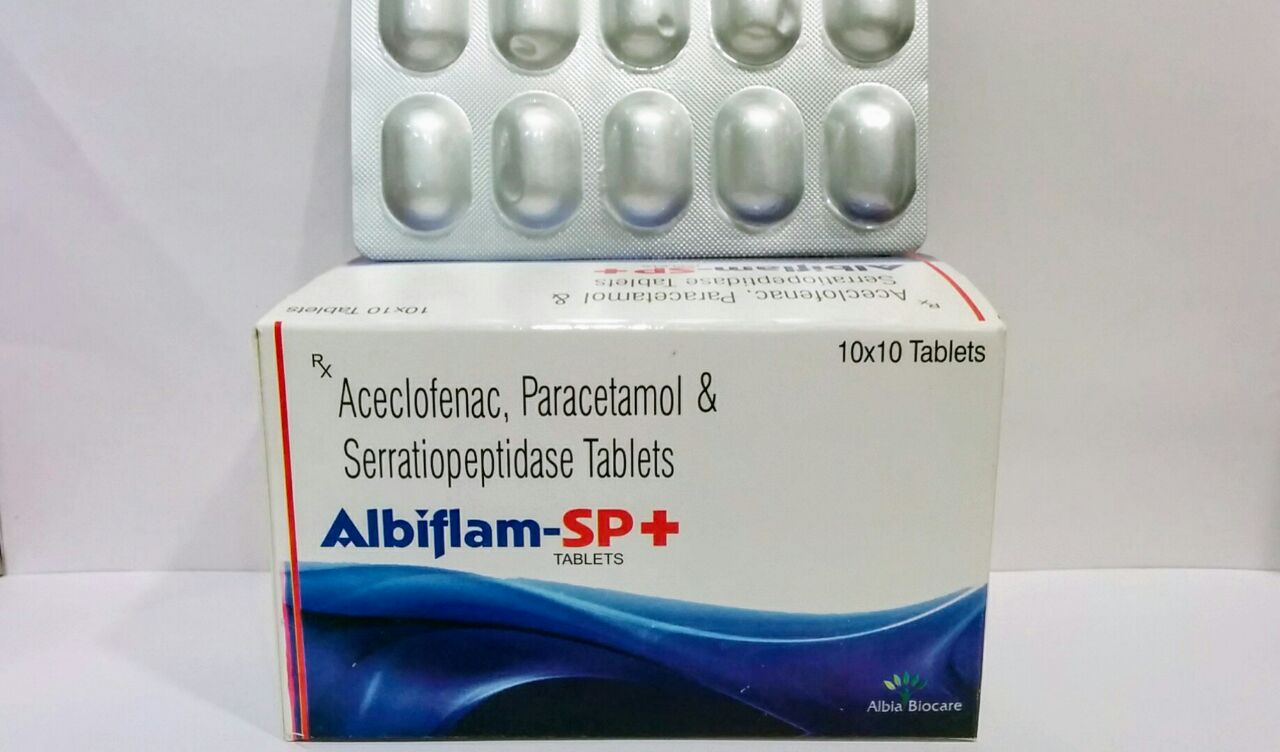 ALBIFLAM-SP+ TAB. | Aceclofenac 100 mg + Paracetamol 325 mg + Serratiopeptidase 15mg (Alu-Alu)
